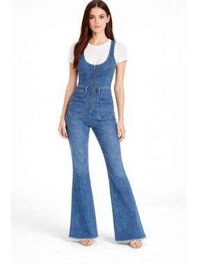 American Eagle Flare Overalls Denim Zip Front Boho Retro Women's Size 14